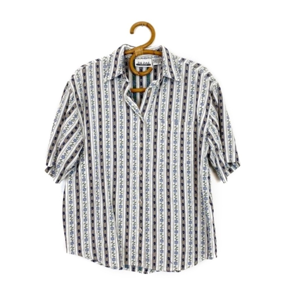 Vintage | Zig Zag | Floral Stripe Short Sleeve Button Front Shirt Size M